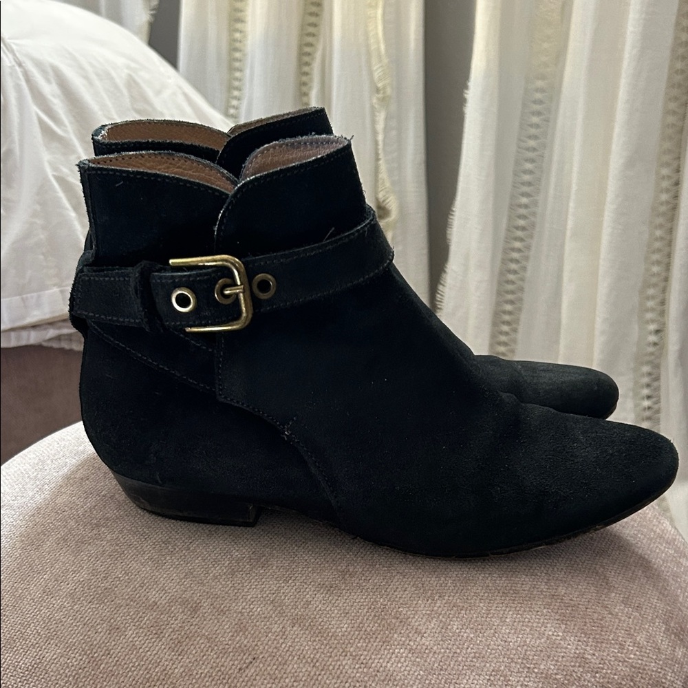 J. Crew Black Suede Ankle Booties with Gold Buckle